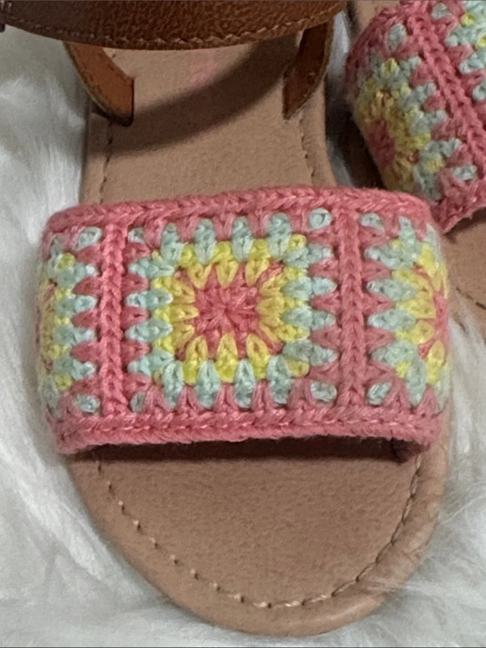 Carter's Toddler Girls Pink Granny Square Crochet Sandals with Tan Ankle Straps
